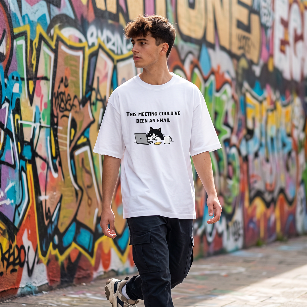 Office Humour 002 – This Meeting Could Have Been an Email white oversized T-shirt lifestyle mockup
